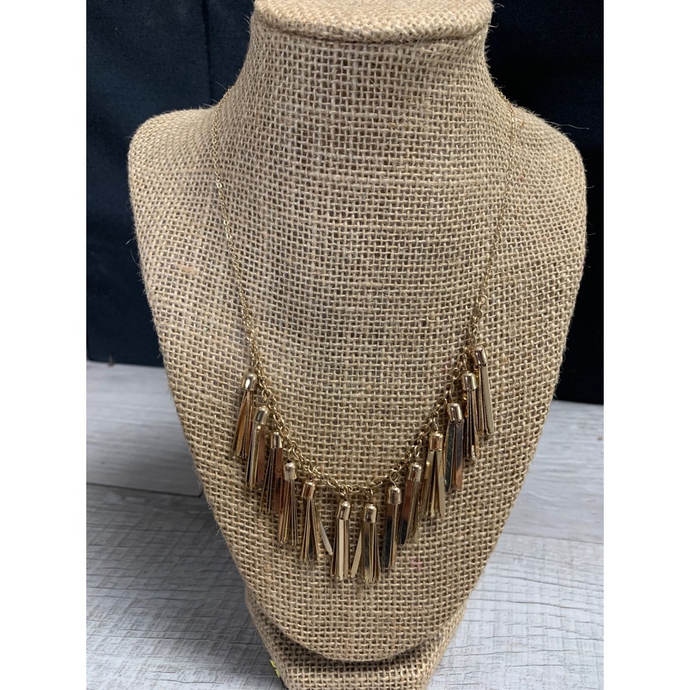 Gold Tone Bar Tassel Fringe Statement Necklace 16 Inch‎ Adjustable Cable Chain
